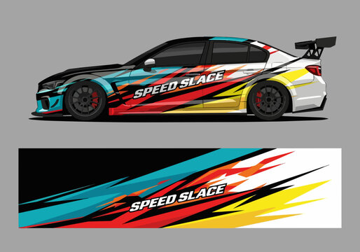 Colorful racing car with dynamic speed slace design wrap