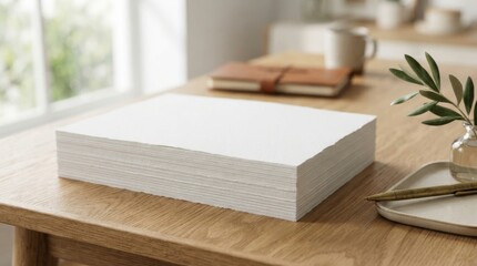 Fototapeta premium Large stack of blank white paper on a wooden desk in a cozy workspace