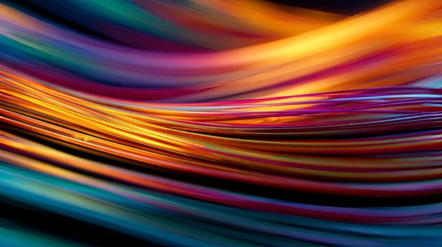 Abstract image of swirling, multicolored, ribbon-like strands against a dark background, creating a fluid, dynamic composition