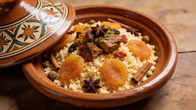 Moroccan couscous with meat and dried fruits
