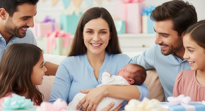 A joyful multi-generational family gathering with a smiling mother holding a newborn baby while surrounded by happy parents and children in a cozy, brightly decorated nursery filled with colorful.