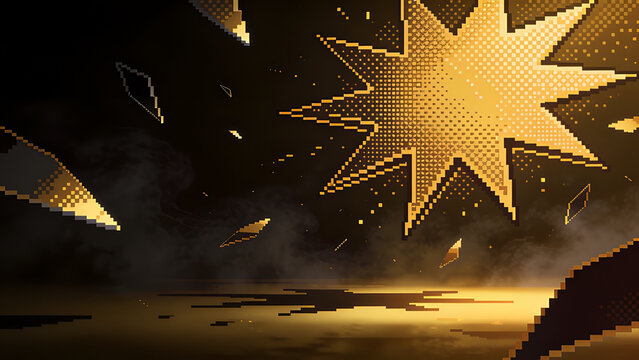 Dynamic explosion of golden pixelated star shapes on a dark atmospheric background