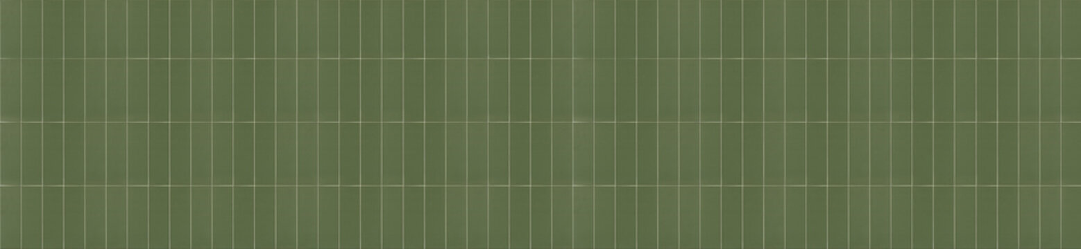 Vertical olive green rectangular ceramic finger tiles aligned in horizontal panoramic banner layout