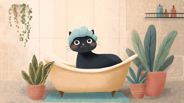 Cute Black Cat Taking Bath in Plant Filled Bathroom. Black Cat Bathing in Vintage Bathroom with Houseplants. Black Cat Bath Time in Pink Tiled Bathroom. Black Cat in Pink Tub surrounded by Houseplants