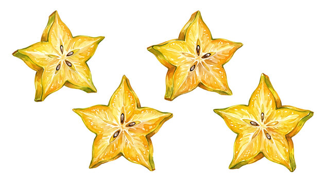 Four Slices of Ripe Star Fruit on a White Background.
