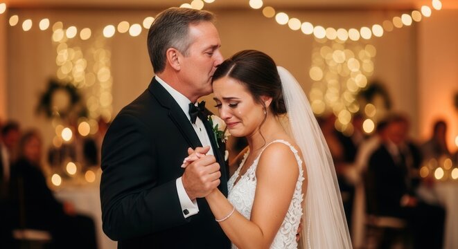 A newlywed couple sharing an emotional first dance at a beautifully lit wedding reception, man in classic black tuxedo gently kissing the brides cheek as she wears a delicate lace wedding gown.