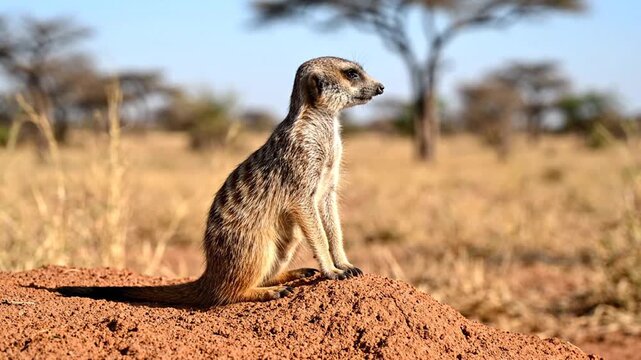 Alert Meerkat Standing Guard on a Mound in the African Savanna