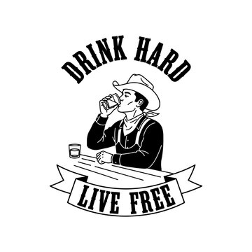 Vintage cowboy drinking whiskey illustration logo