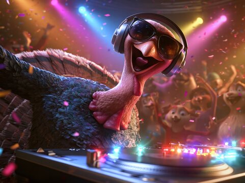 Funny Cartoon Turkey DJ Hosting a Colorful Thanksgiving Party with Animal Friends