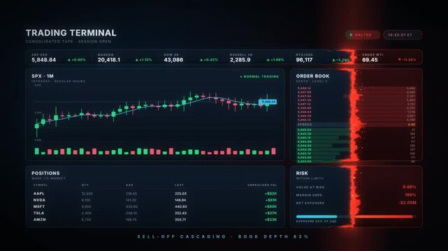 Trading terminal market crash with a fire wave as the chart falls and trading is halted