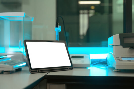 Tablet with Blank White Screen Mockup on Laboratory Workbench with Analytical Balance and Scientific Equipment