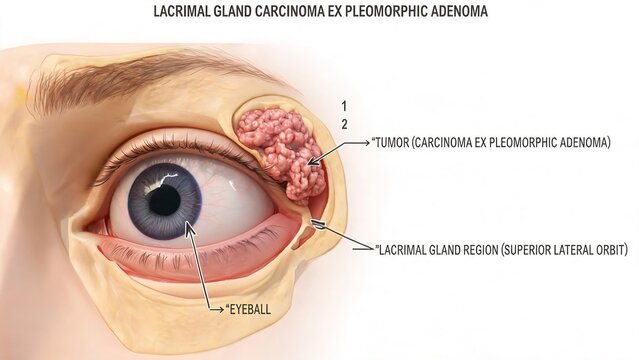 Lacrimal gland carcinoma ex pleomorphic adenoma 3D medical illustration, eye orbital tumor anatomy