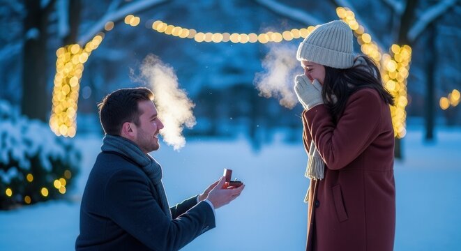 A romantic winter engagement proposal under twinkling string lights in a snowy park, with a man on one knee offering a ring while a woman in a cozy knit beanie and scarf reacts joyfully, surrounded.