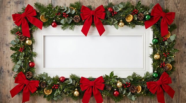 Festive christmas holiday frame with red bows and evergreen branches on a rustic wooden background