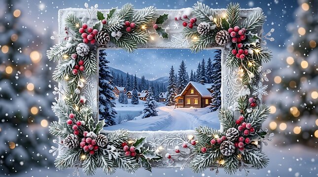 Festive christmas picture frame decorated with pine branches holly berries and warm glowing fairy lights over a snowy winter landscape