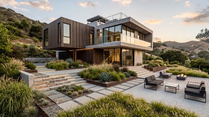 Fototapeta premium Modern hillside house with cantilever design