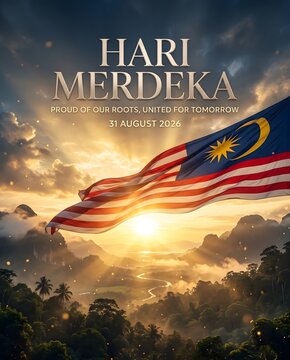 Hari merdeka malaysia independence day poster with national flag with majestic waving malaysian