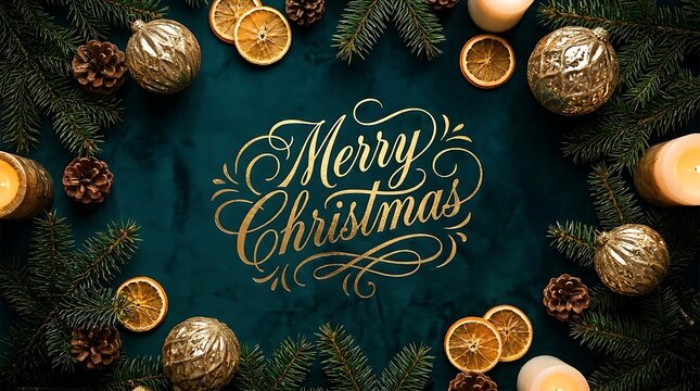 Merry Christmas calligraphy greeting card design with gold ornaments and pine branches