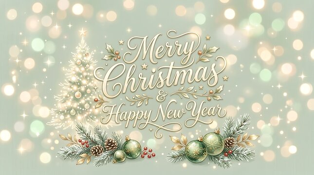 Merry Christmas and Happy New Year elegant greeting card design with festive pine tree and decorative holiday baubles