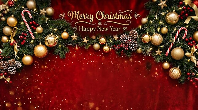 Merry Christmas and Happy New Year greeting card with gold ornaments and pine branches