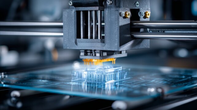 Close-up of a 3D printer head depositing material onto a glass platform, creating a detailed, translucent object