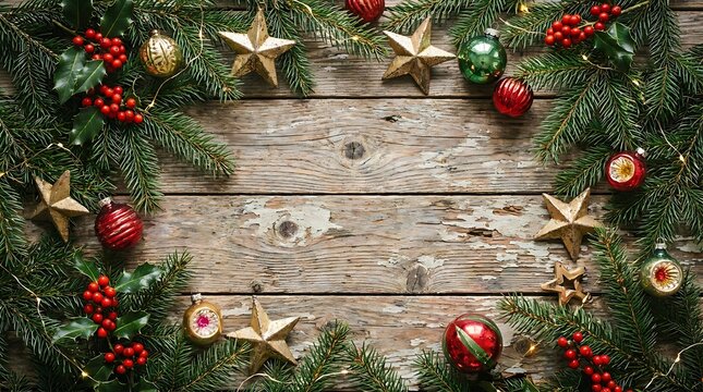 Rustic christmas frame made of pine branches and vintage ornaments on weathered wooden background