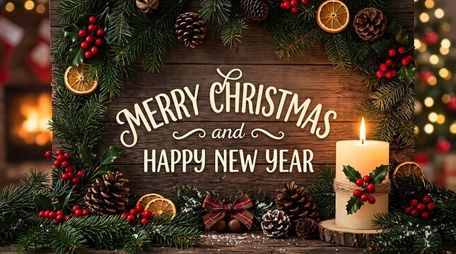 Rustic wooden christmas background with fir branches pine cones and a burning candle greeting