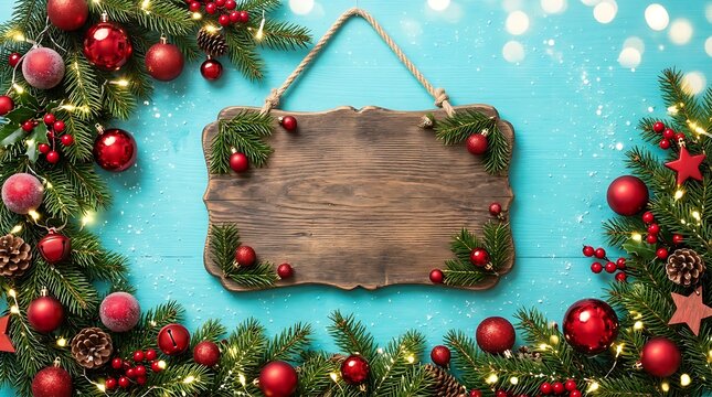 Rustic wooden sign hanging on a vibrant blue Christmas background with festive holiday decorations