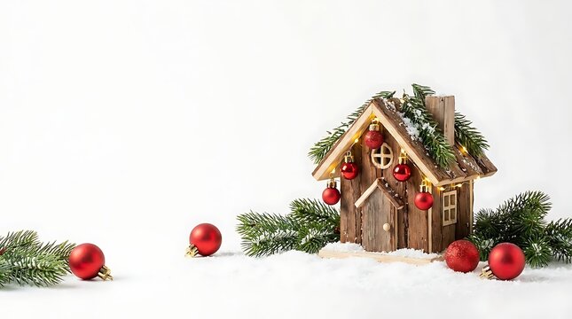 Small decorative wooden house decorated with Christmas ornaments on snow with pine branches