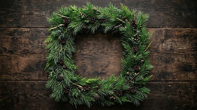 Square christmas wreath made of pine branches and cones on rustic dark wooden background