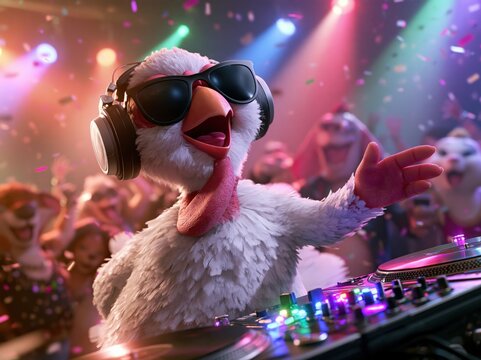 Funny Cartoon Turkey DJ Hosting a Colorful Thanksgiving Party with Animal Friends