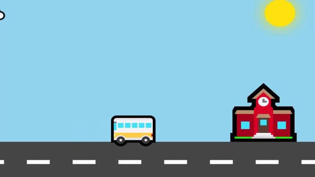 Flat design vector animation of a school bus driving on a road toward a red school building under a bright yellow sun motion graphic loop