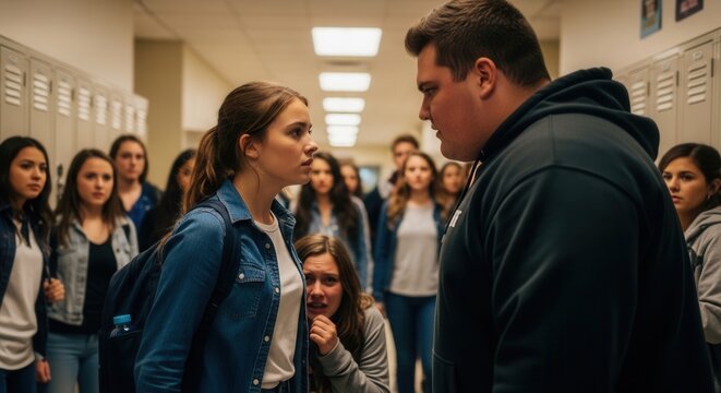 A tense high-school hallway confrontation between a determined young woman in a denim jacket and a confrontational male student, surrounded by a group of curious peers observing the heated exchange.