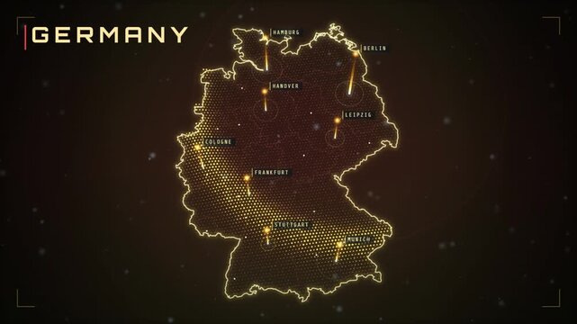 Animated map of Germany with glowing city markers and light beams over Berlin and Munich
