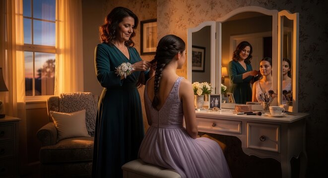 A young bride getting her bouquet of white flowers pinned to her elegant lace wedding gown while a mother adjusts her hair in a warmly lit, vintage-inspired dressing room with soft golden lighting.