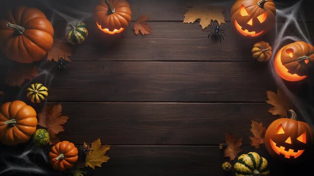 Spooky Halloween flat lay frame with jack-o-lanterns, autumn leaves, and smoke on wood background with empty space for text.