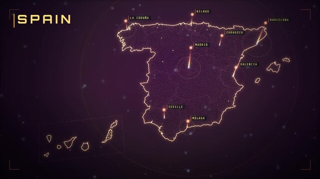 Animated map of Spain with glowing city markers and light beams over Madrid and Barcelona