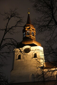 Low-angle view of the illuminated Tallinn St Mary's Cathedral clock tower and spire framed by bare tree branches at night.