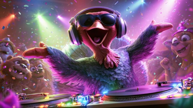 Funny Cartoon Turkey DJ Hosting a Colorful Thanksgiving Party with Animal Friends