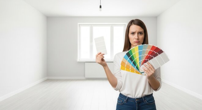 A young woman stands overwhelmed in an empty minimalist room holding a paint sample card and fan chart while looking frustrated at her options for interior wall color selection.