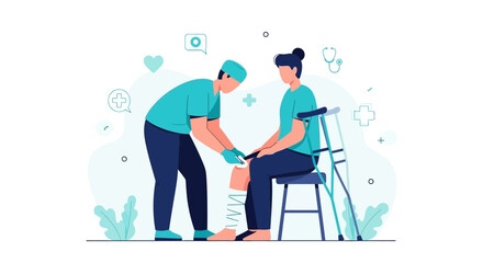 Fototapeta premium Medical Professional Providing Wound Care To An Injured Woman And Focusing On The Leg Injury