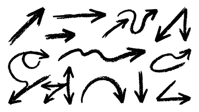 Hand drawn doodle arrow set curved zigzag sketch arrows