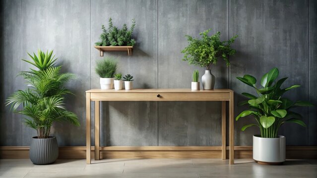 Modern wooden console table with copy space and green plants on a gray background