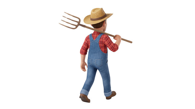 Cartoon farmer character walking with pitchfork, 3D male rancher in blue overalls and straw hat, agricultural worker isolated on white