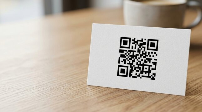 Business Card with QR Code on Wooden Desk Near Coffee Mug for Marketing