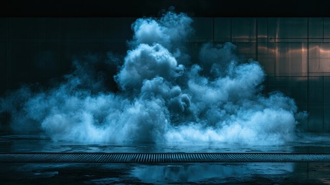 Dense blue smoke swirling above dark metallic surface abstract atmospheric background dramatic visual effect