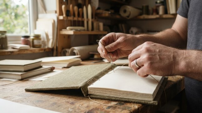 Crafting Handmade Notebook with Thread and Needle in Workshop