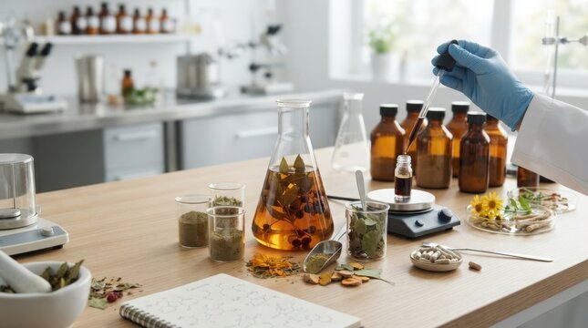 Herbal Laboratory Scene with Natural Ingredients and Glass Equipment