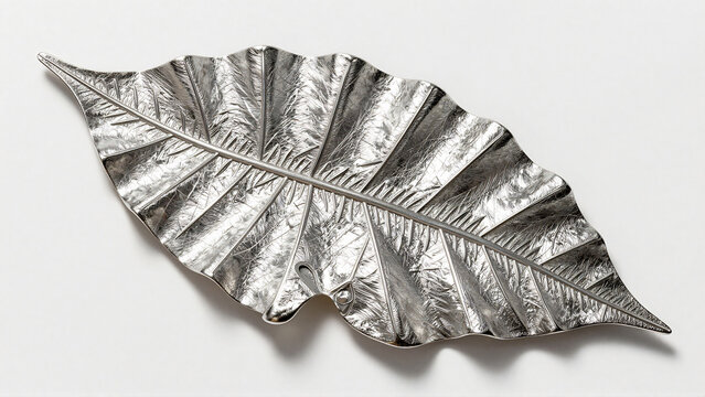 Decorative Silver Metal Leaf Tray on White Background