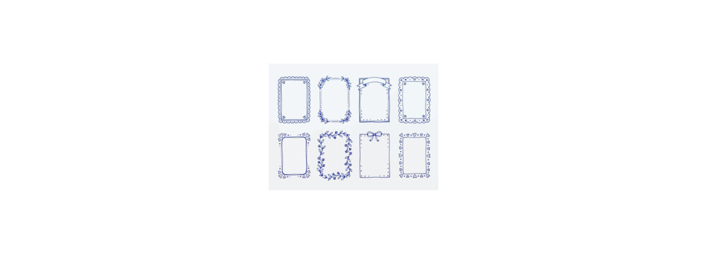 Collection of hand drawn vintage frames and ornate rectangular borders in blue